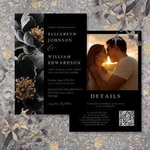 Svart och guld lyxig blomsterfotografi QR-kod Bröl Inbjudningar