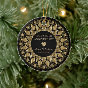 Svart och Guld Mandala och hjärta Julgransprydnad Keramik