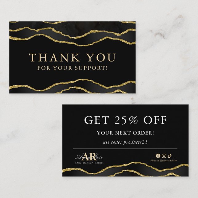 Svart och Guld-marble Agate - tack för ditt kort (Fram/baksida)