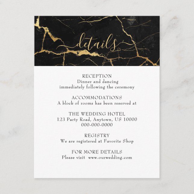Svart och Guld Marble Design Bröllop Tilläggskort (Framsida)