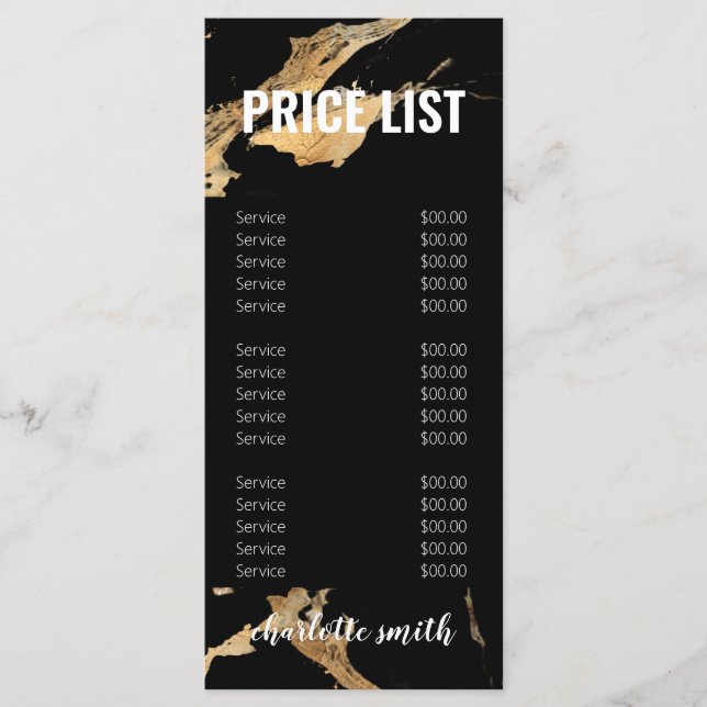 Svart och Guld Marble Hair Salon Pris List Menu Meny (Framsida)