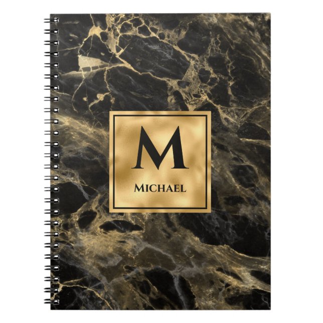 Svart och Guld Marble Monogram Elegant Luxury Anteckningsbok (Framsidan)
