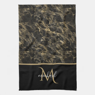 Svart och Guld Marble Monogram Elegant Luxury Kökshandduk