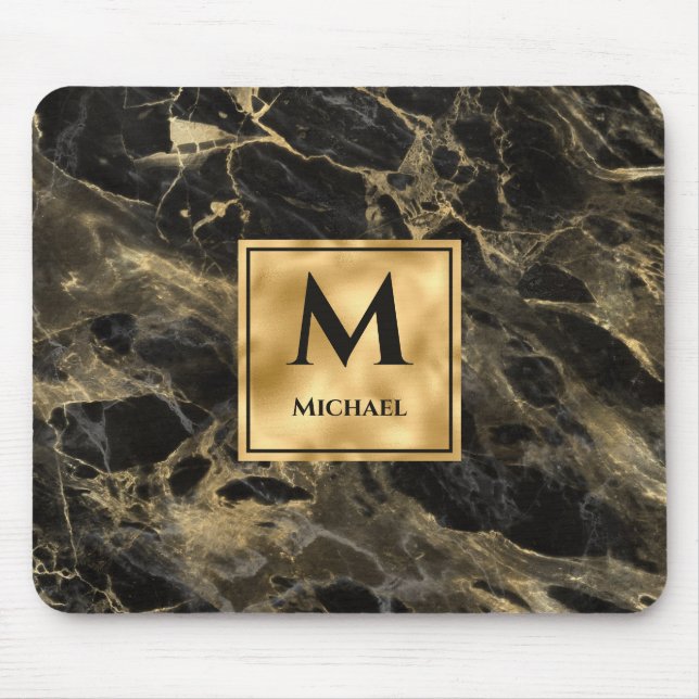 Svart och Guld Marble Monogram Elegant Luxury Musmatta (Framsidan)