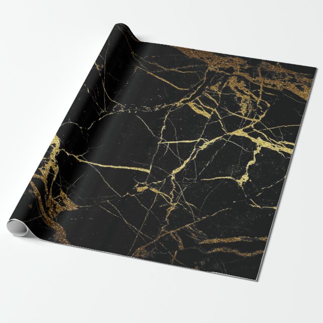 Svart och Guld Marble Presentpapper (Utrullad)
