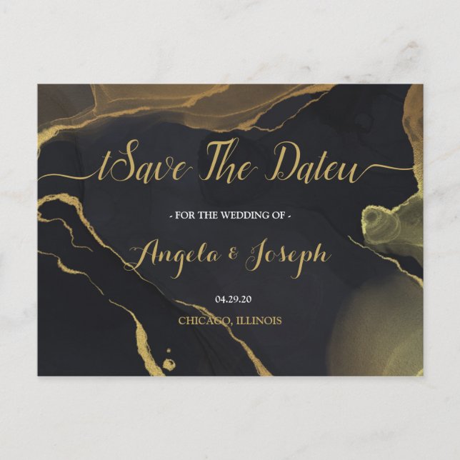 Svart och Guld Marble Save Date Postcard Vykort (Framsida)