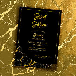 Svart och Guld Marble Sweet 16 Birthday Inbjudningar