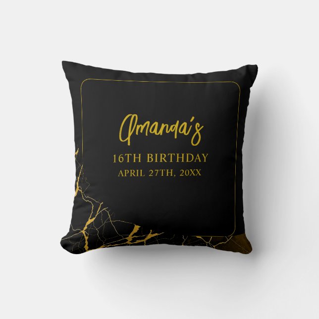 Svart och Guld Marble Sweet 16 Birthday Kudde (Framsida)