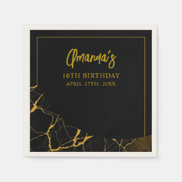 Svart och Guld Marble Sweet 16 Birthday Pappersservett