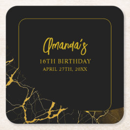 Svart och Guld Marble Sweet 16 Birthday Underlägg Papper Kvadrat