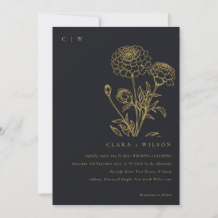 Svart och Guld Marigold Blommigt Sketch Bröllop Inbjudningar