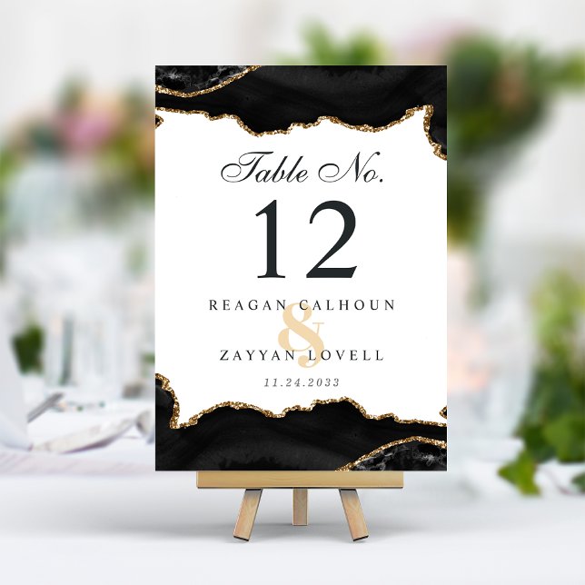 Svart och guld marmor agat modern elegant bröllop bordsnummer (Skapare uppladdad)