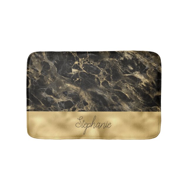 Svart och Guld Marmor Monogram Badrumsmatta (Framsidan)