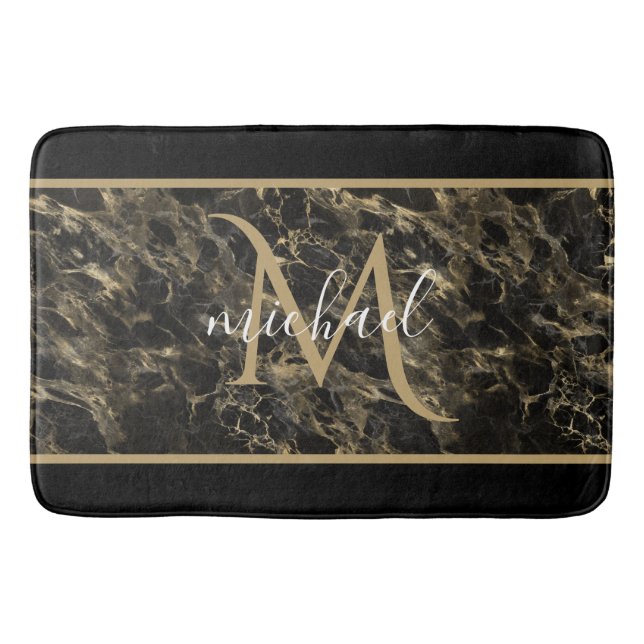Svart och guld marmor monogram elegant lyx badrumsmatta (Framsidan)