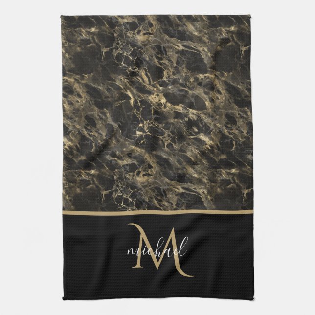 Svart och guld marmor monogram elegant lyx kökshandduk (Vertikal)