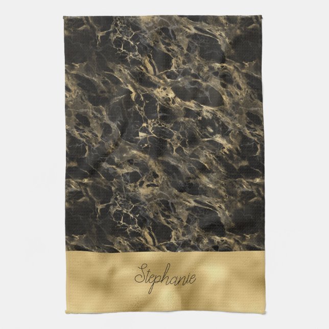 Svart och Guld Marmor Monogram Kökshandduk (Vertikal)