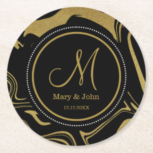 Svart och guld marmor Mönster Bröllopsmonogram Underlägg Papper Rund