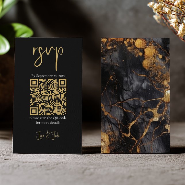Svart och guld marmor, QR-kod bröllop OSA Tilläggskort (Gold marble rsvp insert card with QR code)