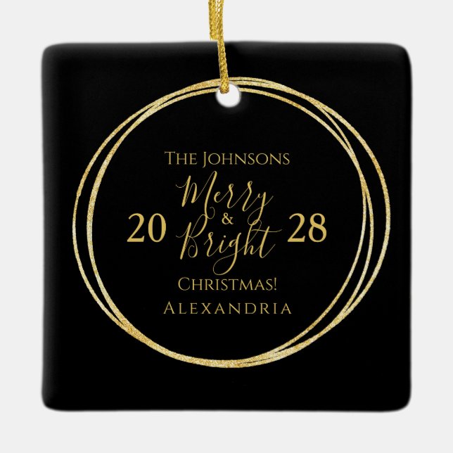 Svart och Guld Merry och Bright Keepsaké-jul Julgransprydnad Keramik (Framsida)