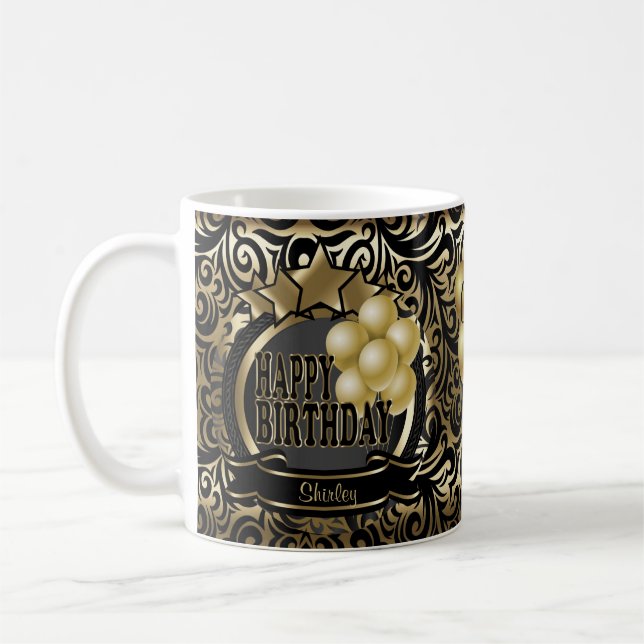 Svart och Guld Metallic Lycklig 90:e födelsedagsst Kaffemugg (Vänster)