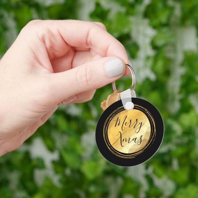 Svart och guld metallisk god jul text nyckelring (Hand)