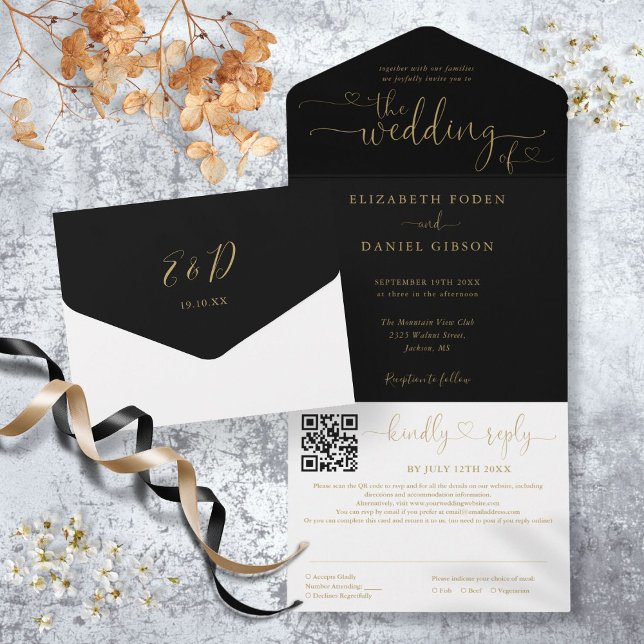 Svart Och Guld Minimalistisk Skrift QR-kod Bröllop (Black And Gold Minimalist Script QR Code Wedding All In One Invitation)