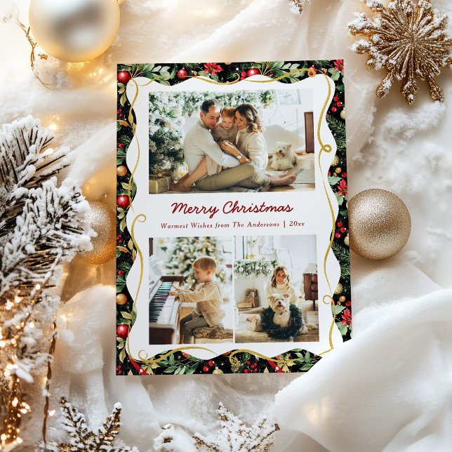 Svart och Guld Modern botaniska jul 3 foto Julkort (Skapare uppladdad)