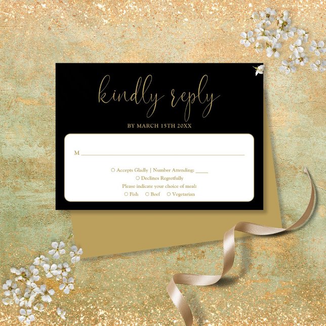 Svart och guld Modern chic elegant skrivstil Bröll OSA Kort (Black And Gold Modern Chic Elegant Script Wedding RSVP Card)
