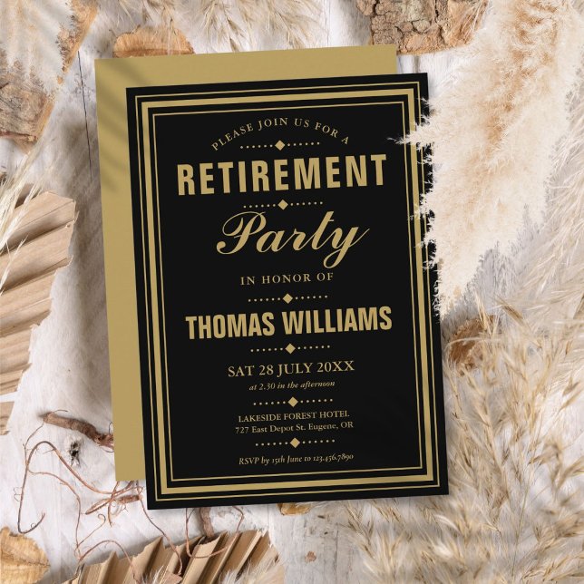 Svart och guld Modern elegant pensionsfest Inbjudningar (Black And Gold Modern Elegant Retirement Party Invitation)