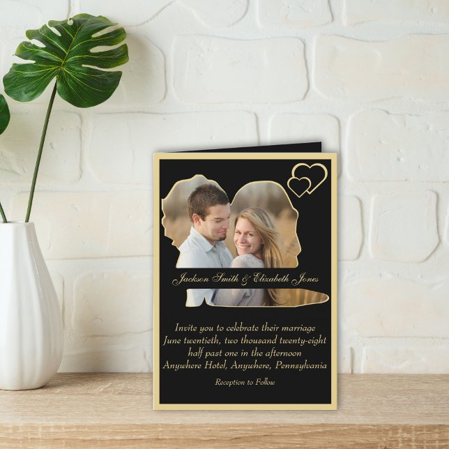 Svart och Guld Modern Många foton med Bröllop-vikt Inbjudan (Skapare uppladdad)
