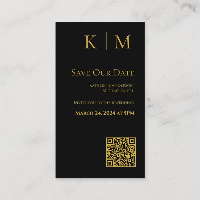 Svart och Guld-Modern-Save the Date-QR-kod- Visitkort (Framsida)
