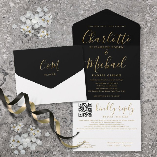 Svart och guld Modernt skript QR-kod Bröllop (Black And Gold Modern Script QR Code Wedding All In One Invitation)