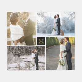 Svart och Guld Monogram 4 Photo Collage Bröllop Fleecefilt