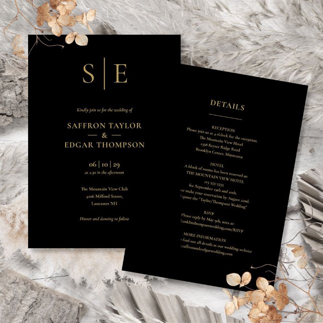 Svart Och Guld Monogram Allt-i-ett Bröllop Inbjudningar (Black And Gold Monogram All In One Wedding Invitation)