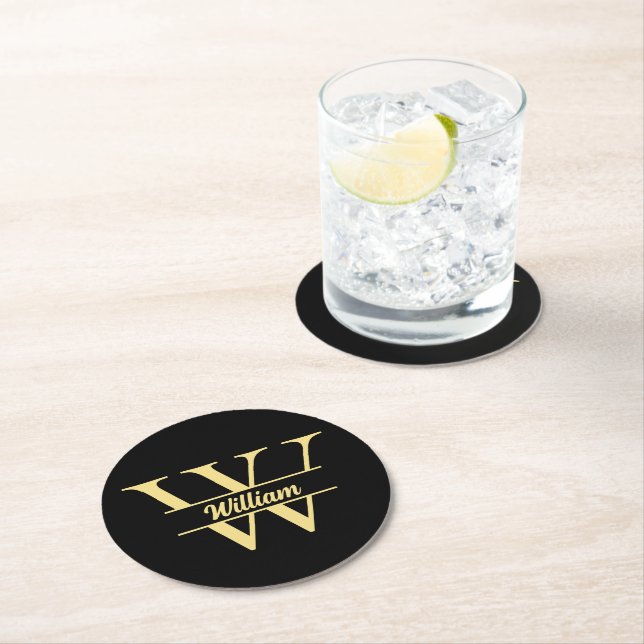 Svart och Guld Monogram | Elegant Initial Skriftst Underlägg Papper Rund (Insitu)