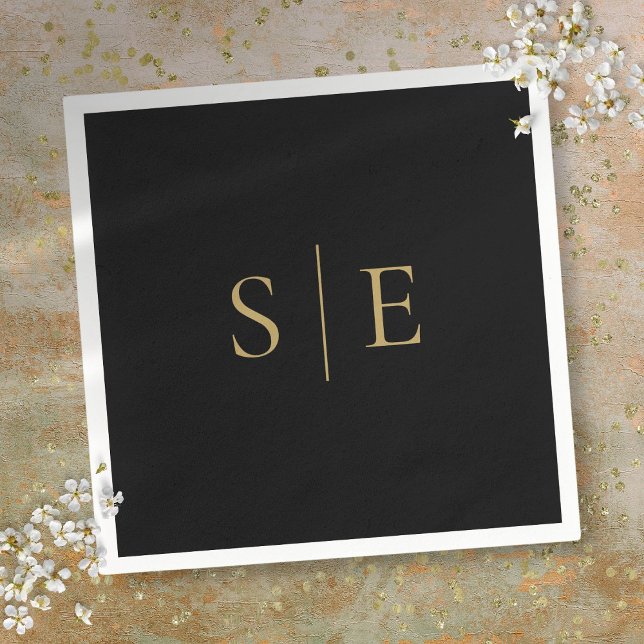 Svart Och Guld Monogram Minimalistisk Pappersservett (Black And Gold Monogram Minimalist Napkins)
