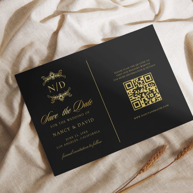 Svart Och Guld Monogram QR-kod Bröllop Spara Datumet (Skapare uppladdad)