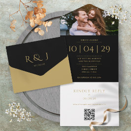 Svart och guld Monogram QR-kod Foto Bröllopsdatum