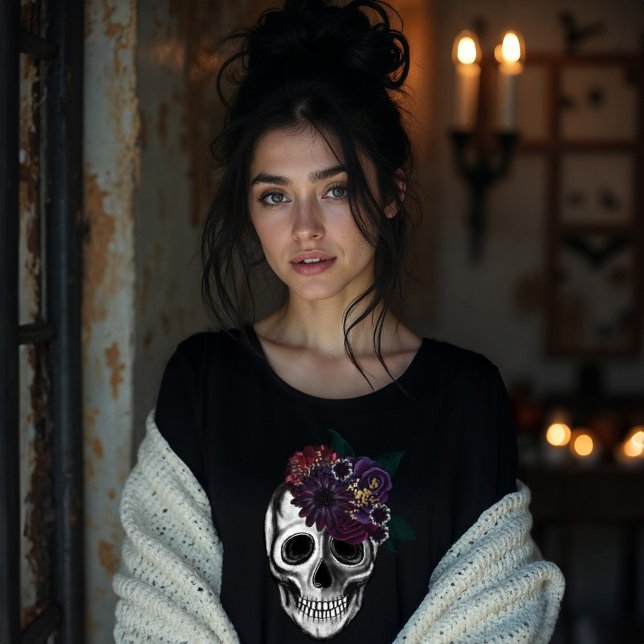 Svart och Guld Moody Blommigt Halloween Skull T Shirt (Black & Gold Moody Floral Halloween Skull Tri-Blend Shirt)