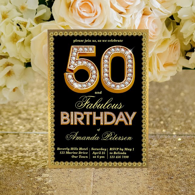 Svart och guld mousserande diamanter 50-årsdag inbjudningar (Skapare uppladdad)