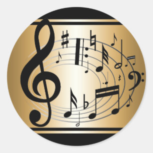 Svart och guld- musik noterbakgrund runt klistermärke