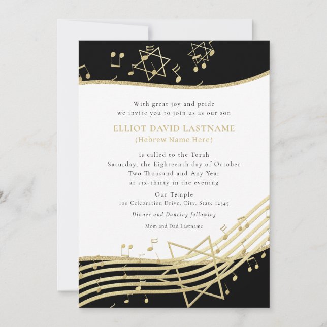 Svart och guld musikbar mitzvah-inbjudan inbjudningar (Framsida)