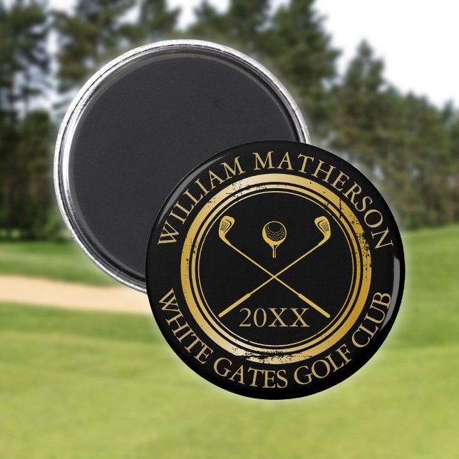 Svart och guld Namn och klubbnamnsdatum Magnet (Black and Gold Name And Club Name Date Magnet)