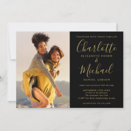 Svart och Guld Namnteckning skriptfoton Bröllop Inbjudningar