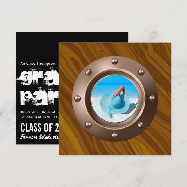 Svart och Guld Nautical Studenten Photo Inbjudningar (Fram/baksida)