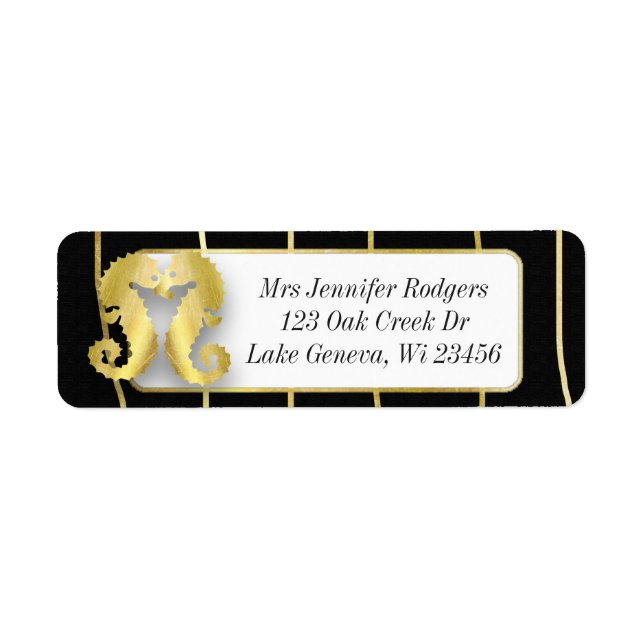 Svart och Guld Nautisk Themme Seahorse Returadress Etikett (Framsidan)
