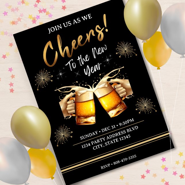 Svart och Guld-ost till Nyårsafton Party 2024 Inbjudningar (Black & Gold Cheers to New Years Eve Party 2024 Invitation)