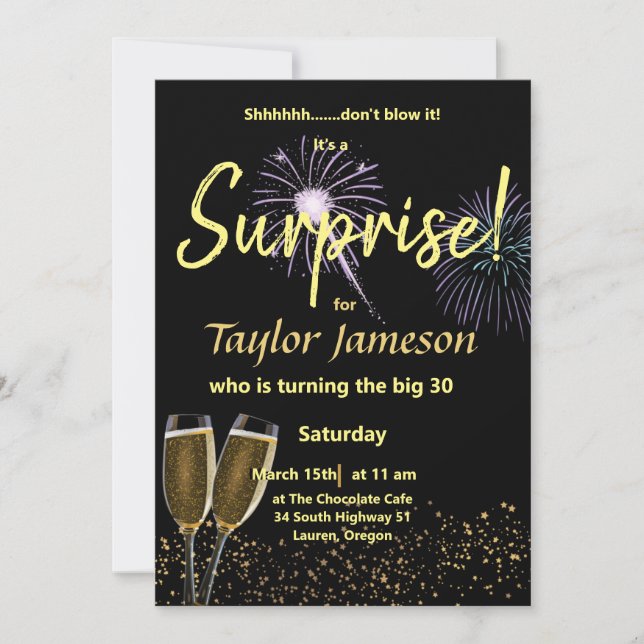 Svart och guld överrasknings vinglas  inbjudningar (Framsida)