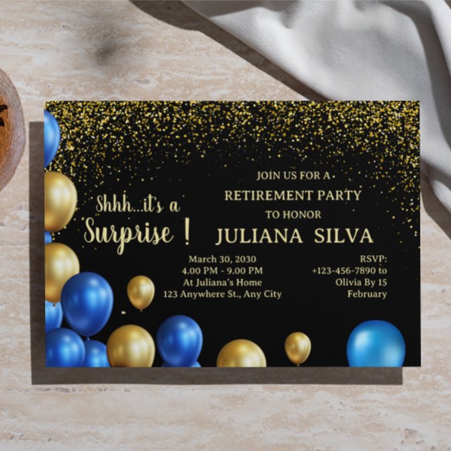 Svart och guld överraskningsfest för pensionering  inbjudningar (Skapare uppladdad)