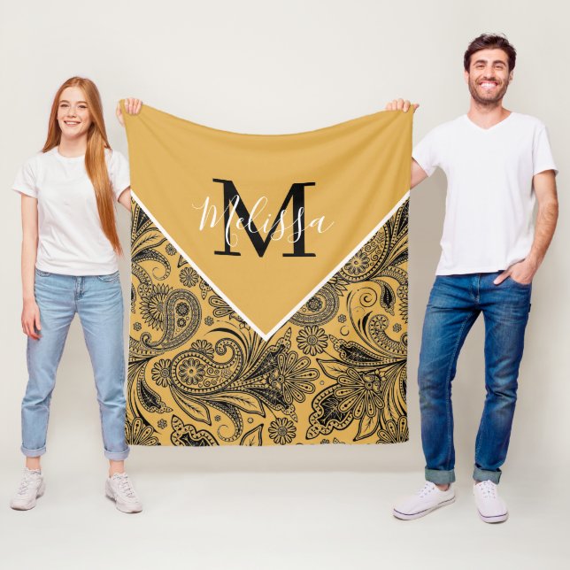 Svart och guld paisleyfilt i fleece (På plats)